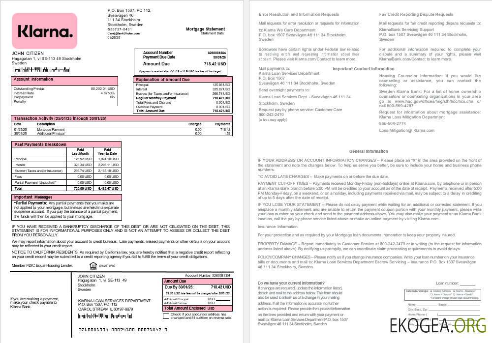Relevé hypothécaire de la Klarna Bank en Suède aux formats Word et PDF